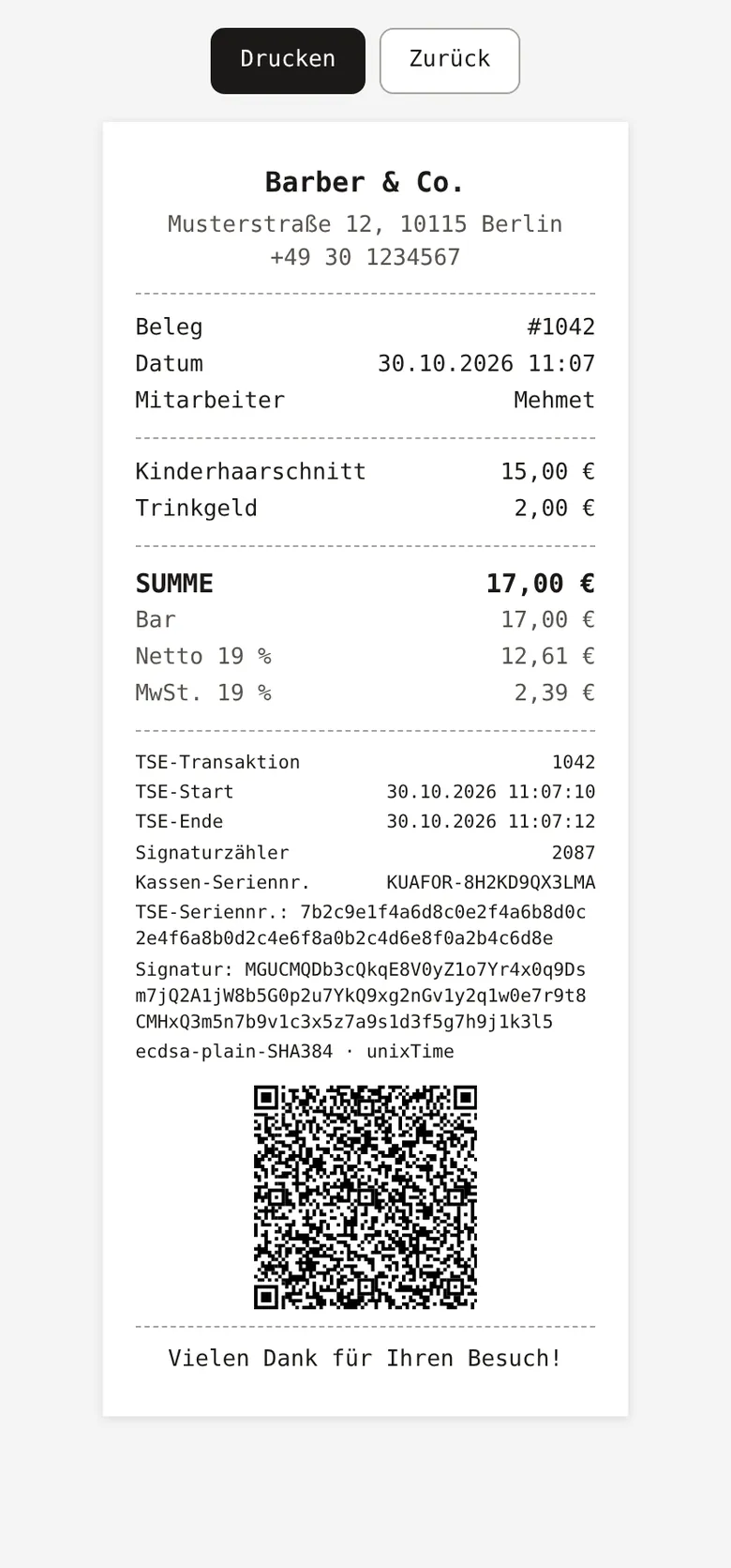 TSE-signierter Beleg (Beispieldaten)